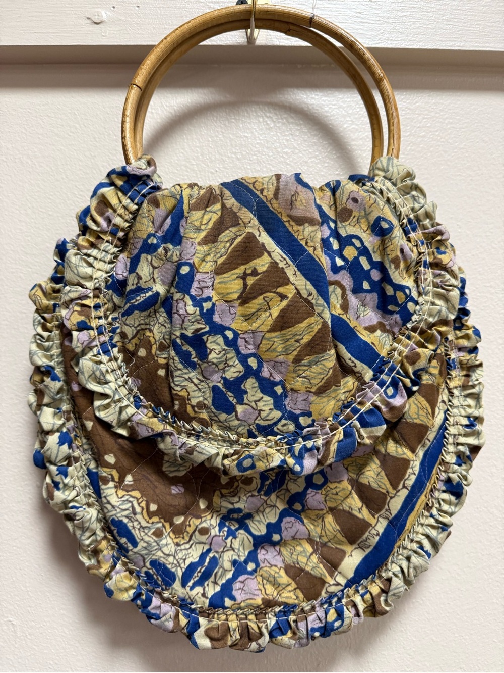 Handmade Vntg Quilted Ruffle Handbag Bamboo Ring Handles Boho Cottagecore Purse